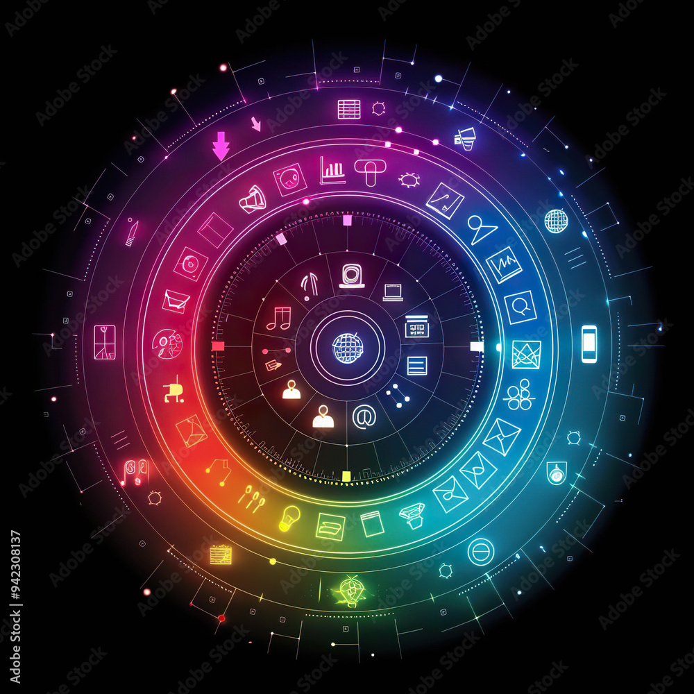 A vibrant circular graphic represents a global network of digital information and technology Generated with AI A vibrant circular graphic represents a global network of digital information and technology Generated with AI