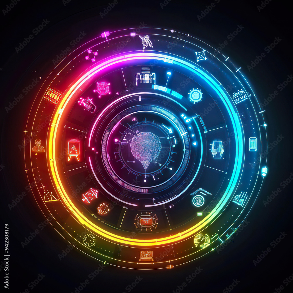 A circular infographic with a dark background and colorful neon lights, representing a futuristic technological network. Generated with AI.