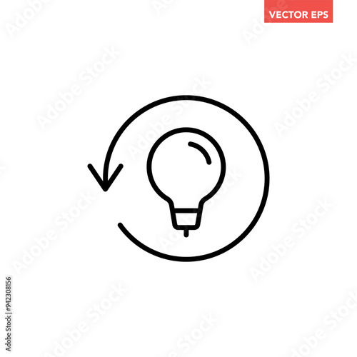 Single black replace lightbulb line icon, simple round repeat idea arrow flat design illustration pictogram for infographic interface elements for app logo web button ui isolated on white background