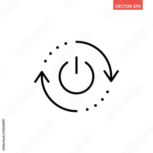 Black single automatic restart line icon, simple reboot power button lat design illustration pictogram, infographic vector for app ads web button ui interface elements isolated on white background