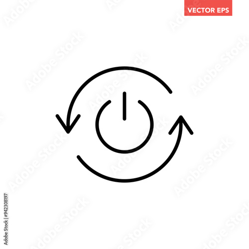 Black single automatic restart line icon, simple reboot power button lat design illustration pictogram, infographic vector for app ads web button ui interface elements isolated on white background