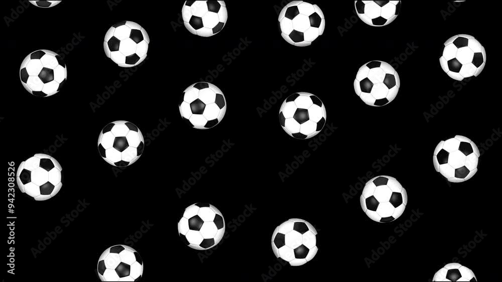 Falling Soccer Football Balls Animation Background, on Alpha Channel, Loop
Falling Soccer Football Balls Animation Background, on Alpha Channel, Loop