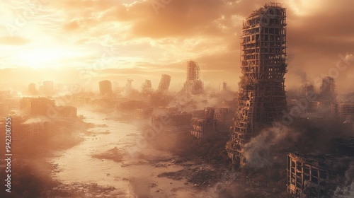 Post Apocalyptic Cityscape with Ruined Buildings and River at Sunset