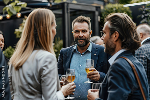 A man in a blue suit is talking to two women in a courtyard, generative ai.