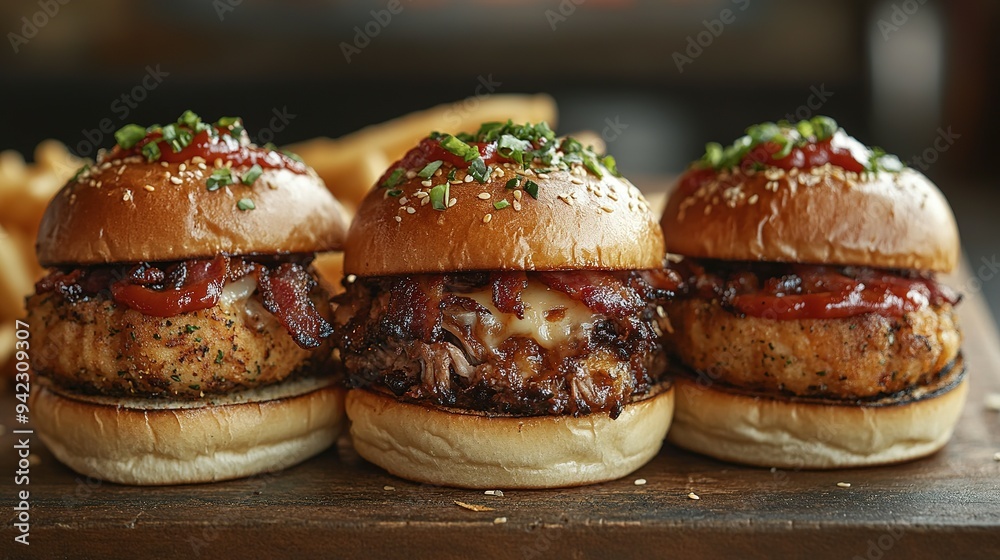 Three Gourmet Mini Burgers with Bacon and Toppings Three Gourmet Mini Burgers with Bacon and Toppings