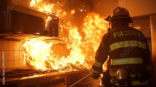 A firefighter battling a kitchen blaze with flames and smoke engulfing the area.