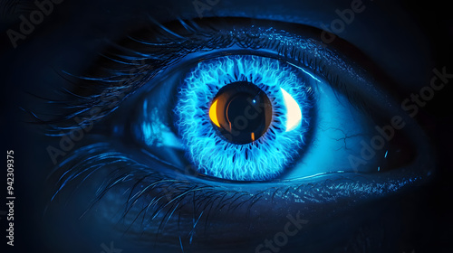 human blue neon glowing eye.