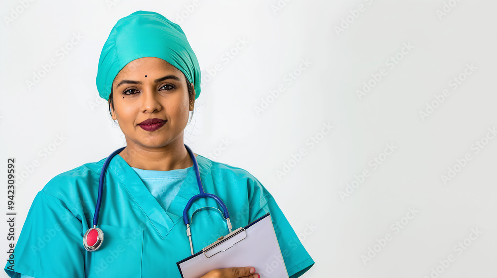 an Indian nurse in scrubs, confidently holding a medical chart, set against a white background an Indian nurse in scrubs, confidently holding a medical chart, set against a white background