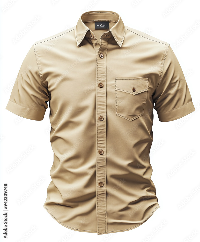 Stylish Beige Short-Sleeve Button-Up Shirt for Men's Casual and Office Wear