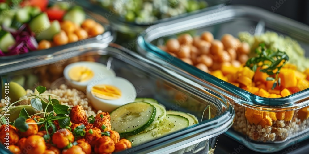 Properly rewritten Nutritious lunch meal prep with high protein featuring chicken quinoa seasoned chickpeas fresh vegetables and boiled eggs in containers Properly rewritten Nutritious lunch meal prep with high protein featuring chicken quinoa seasoned chickpeas fresh vegetables and boiled eggs in containers