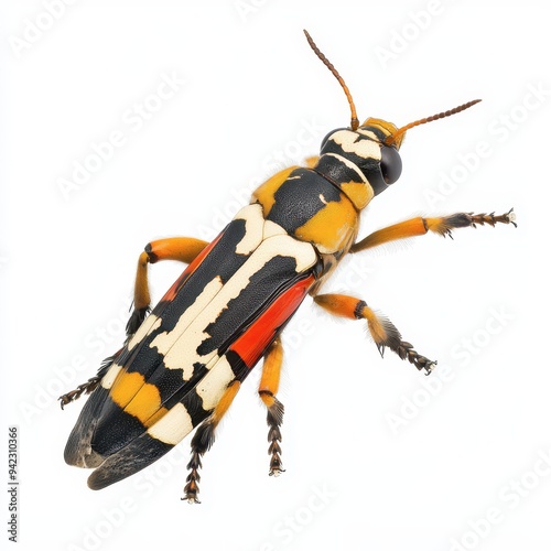 Colorful insect with striking patterns on a white background