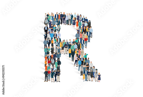 Illustration vectorielle représentant la lettre R de l'alphabet constituée d'une foule de personnages d'âge, de races et de sexes différents