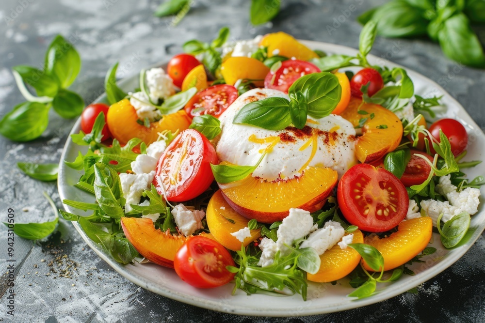 Fresh tomatoes and melted cheese on a white plate, perfect for a snack or appetizer Fresh tomatoes and melted cheese on a white plate, perfect for a snack or appetizer