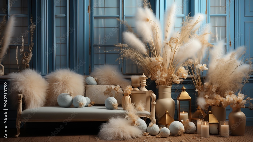 Luxury Pastel Blue and Gold Christmas Scene. Festive Decorations with Pampas Grass.