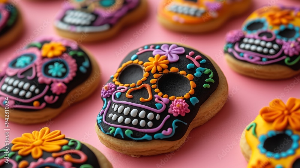 A pattern of sugar skull shaped cookies decorated with colorful icing and flowers, dia de los muertos theme on a pink background, top view A pattern of sugar skull shaped cookies decorated with colorful icing and flowers, dia de los muertos theme on a pink background, top view