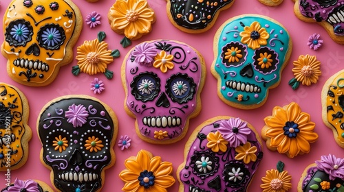 A pattern of sugar skull shaped cookies decorated with colorful icing and flowers, dia de los muertos theme on a pink background, top view