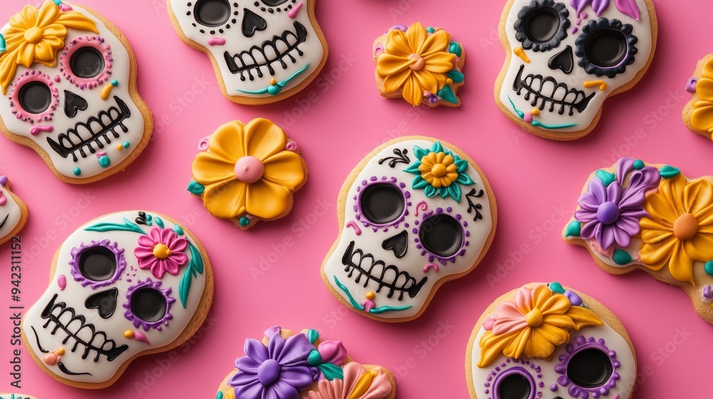 A pattern of sugar skull shaped cookies decorated with colorful icing and flowers, dia de los muertos theme on a pink background, top view A pattern of sugar skull shaped cookies decorated with colorful icing and flowers, dia de los muertos theme on a pink background, top view