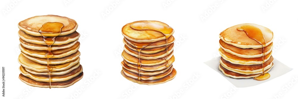 A stack of pancakes with syrup, breakfast symbol, watercolor painting, morning indulgence, isolated on white background A stack of pancakes with syrup, breakfast symbol, watercolor painting, morning indulgence, isolated on white background
