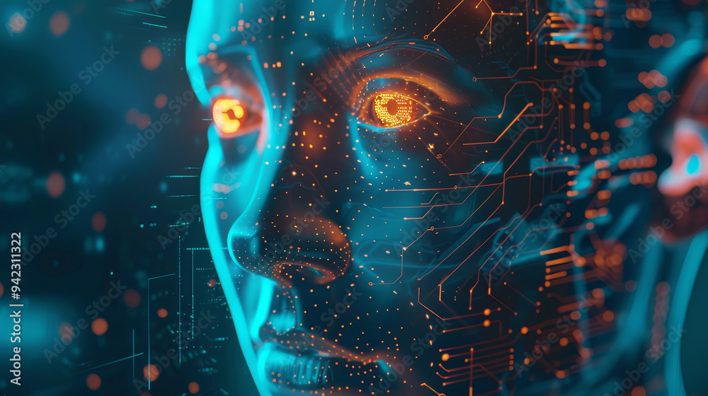 a humanoid head with elements symbolizing artificial intelligence : glowing eyes, circuit patterns, and a digital interface. a humanoid head with elements symbolizing artificial intelligence : glowing eyes, circuit patterns, and a digital interface.