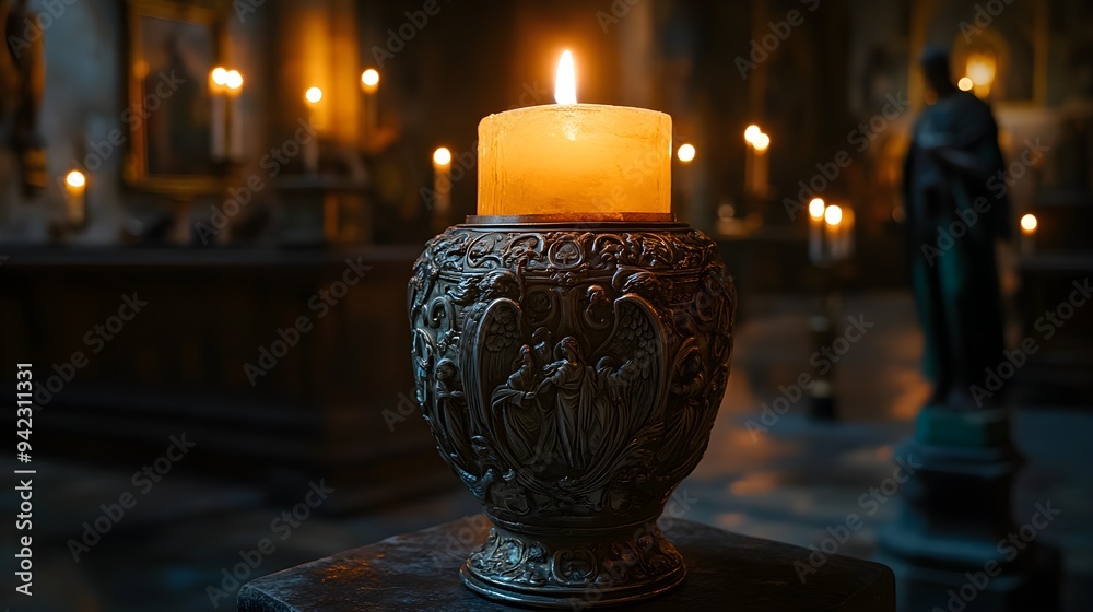 Ornate medieval European vase crafted from silver, featuring intricate carvings of angels and biblical scenes, glowing in soft candlelight within an ancient church Ornate medieval European vase crafted from silver, featuring intricate carvings of angels and biblical scenes, glowing in soft candlelight within an ancient church