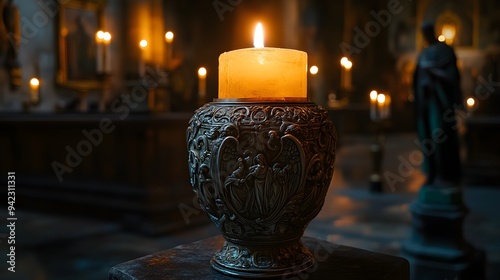 Ornate medieval European vase crafted from silver, featuring intricate carvings of angels and biblical scenes, glowing in soft candlelight within an ancient church