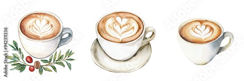 A latte art coffee cup, beverage symbol, watercolor clipart, cozy cafe, isolated on white background