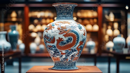 Ornate Ming dynasty vase showcasing dragons and clouds, displayed prominently in a contemporary museum setting with a focus on historical preservation