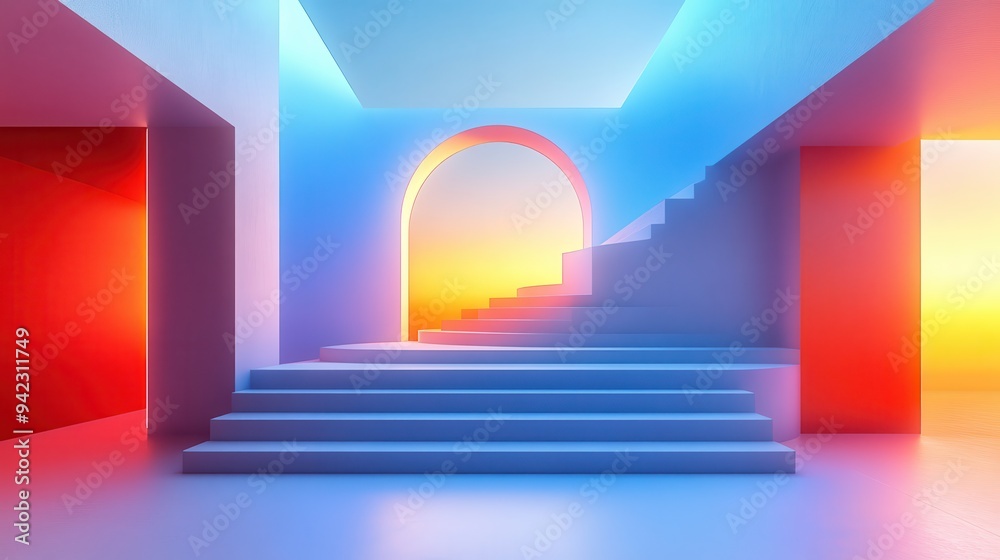 Obraz premium Abstract Minimalist Staircase with Colorful Light and Archway