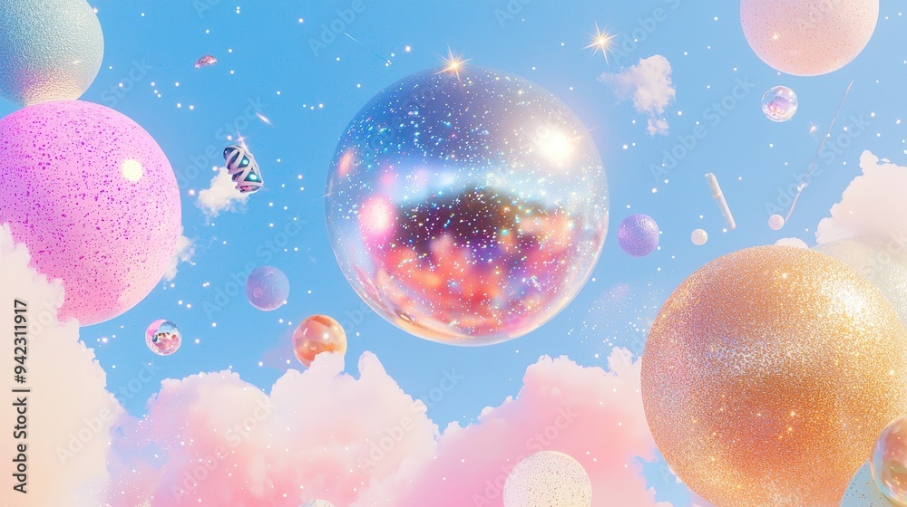 Fototapeta premium Pastel Glitter Spheres and Clouds Abstract Background
