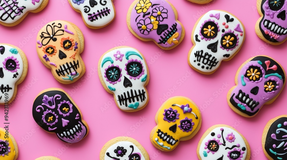 A pattern of sugar skull shaped cookies decorated with colorful icing and flowers, dia de los muertos theme on a pink background, top view A pattern of sugar skull shaped cookies decorated with colorful icing and flowers, dia de los muertos theme on a pink background, top view
