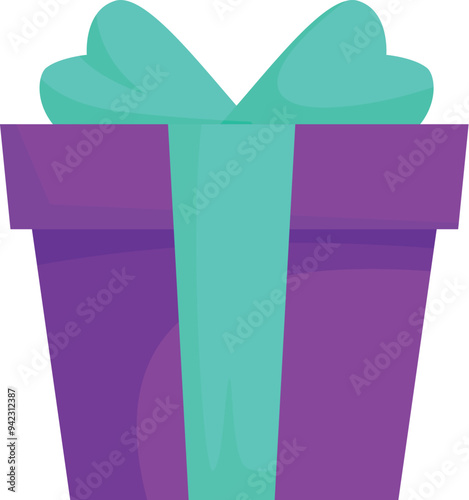 Purple gift box wrapped with a teal ribbon is ready to be given as a present