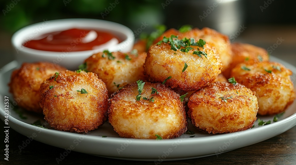 Crispy Fried Potato Balls with Parsley and Ketchup