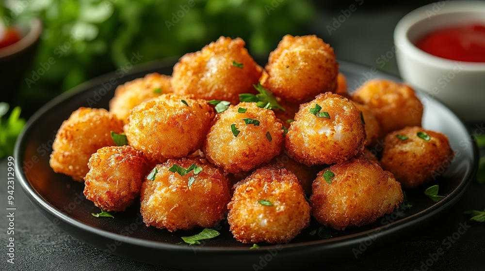 Golden-Brown Crispy Potato Balls with Parsley Garnish on Black Plate Golden-Brown Crispy Potato Balls with Parsley Garnish on Black Plate