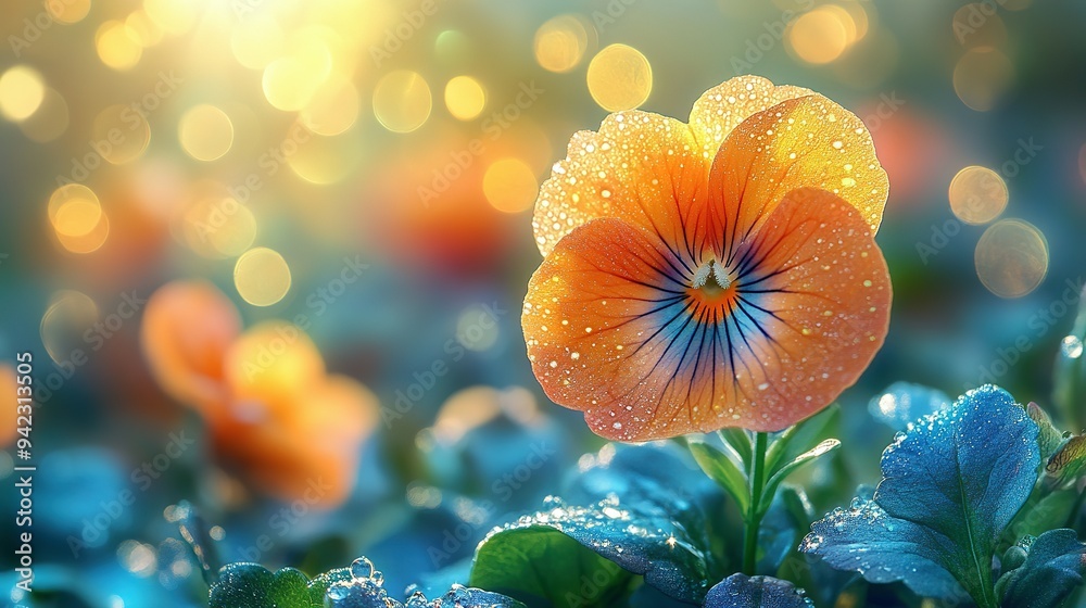Dew-covered Orange Pansy with Blue Center and Bokeh Background Dew-covered Orange Pansy with Blue Center and Bokeh Background