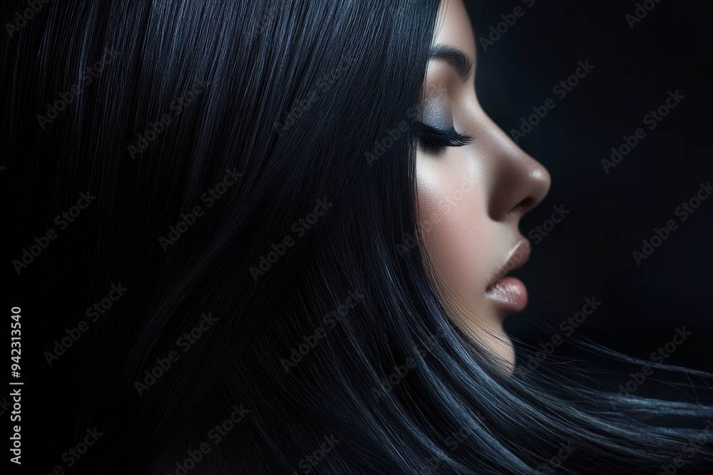 A portrait of a woman with beautiful straight black hair against a dark background showcasing elegance and tranquility in soft lighting A portrait of a woman with beautiful straight black hair against a dark background showcasing elegance and tranquility in soft lighting