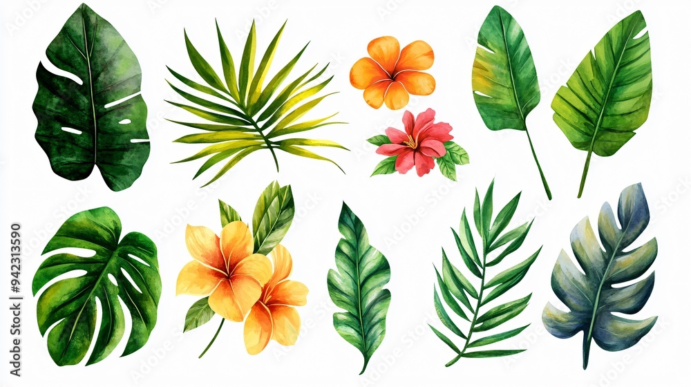 Obraz premium Tropical Watercolor Collection: A vibrant and versatile set of watercolor tropical leaves and flowers, perfect for adding a touch of paradise to your designs.