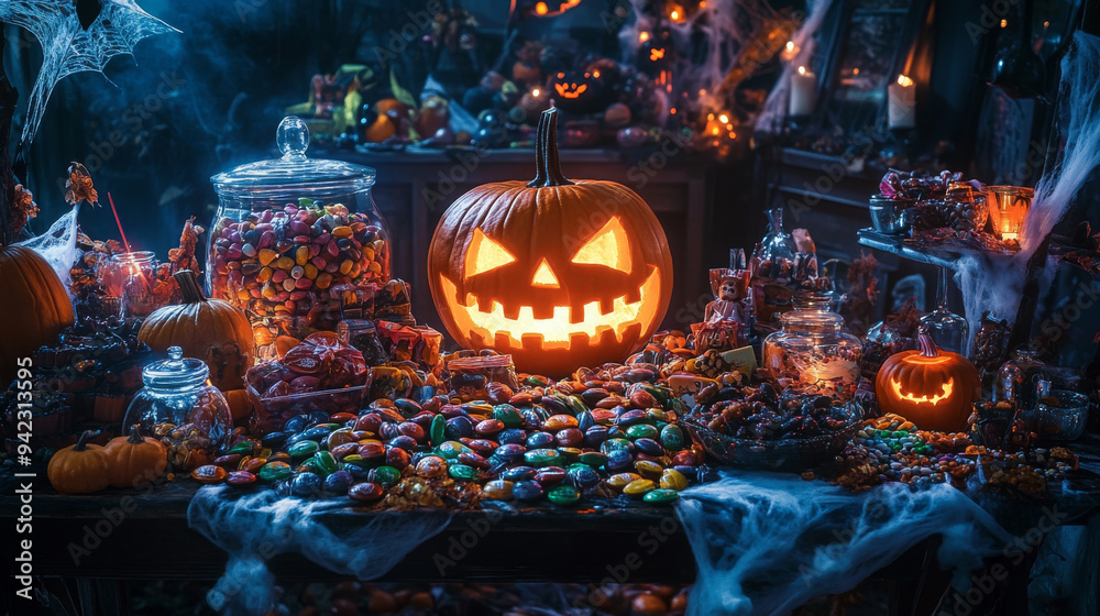 Obraz premium A table covered with Halloween candy, surrounded by spooky decorations and a glowing jack-o'-lantern.