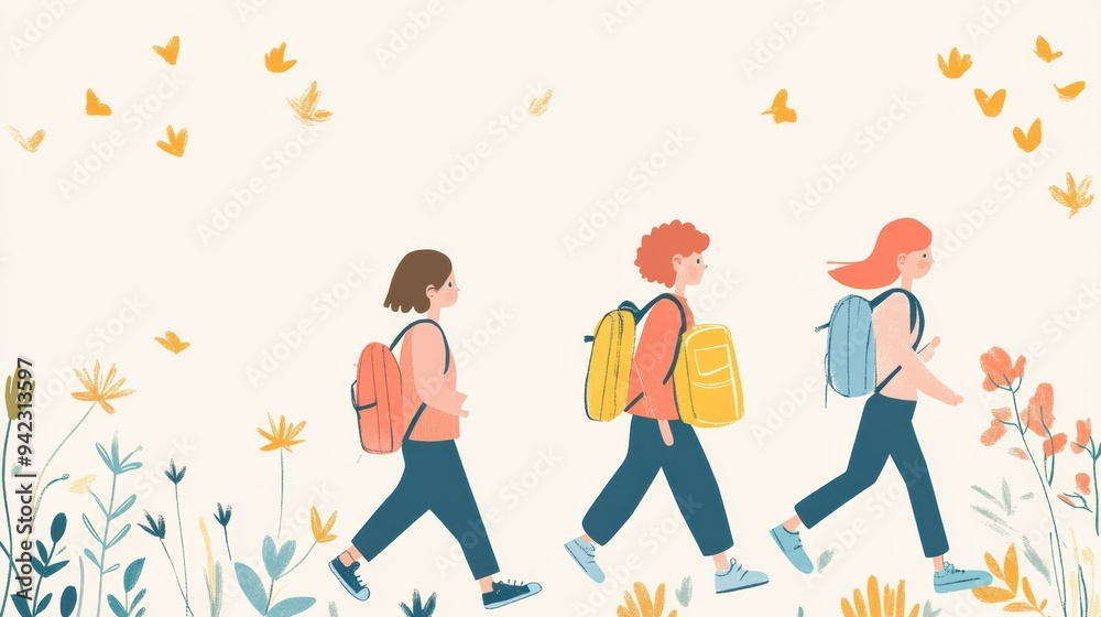 Fototapeta premium Three children walking with backpacks and flowers in the background, AI