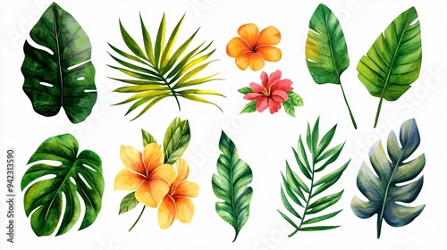 Tropical Watercolor Collection: A vibrant and versatile set of watercolor tropical leaves and flowers, perfect for adding a touch of paradise to your designs. 