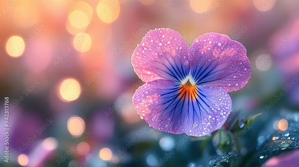 Delicate Purple Flower with Dew Drops and Bokeh Background Delicate Purple Flower with Dew Drops and Bokeh Background