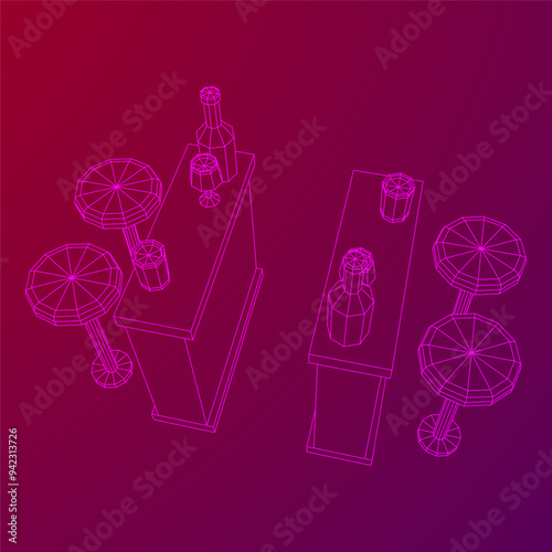 Bar counter with stools, bar top with bottles and glasses. Wireframe low poly mesh vector illustration.