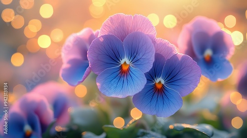 Delicate Purple and Blue Flowers with Golden Bokeh Background