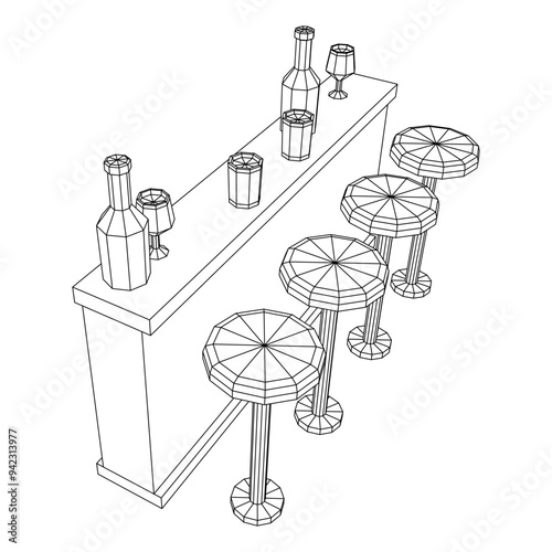 Bar counter with stools, bar top with bottles and glasses. Wireframe low poly mesh vector illustration.