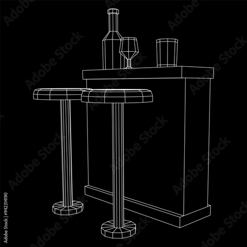 Bar counter with stools, bar top with bottles and glasses. Wireframe low poly mesh vector illustration.