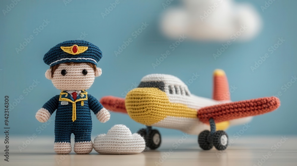 Obraz premium Adorable crochet amigurumi pilot in a tiny uniform with a pilot's cap, standing next to a crochet airplane and clouds, pilot amigurumi, aviation occupation crochet