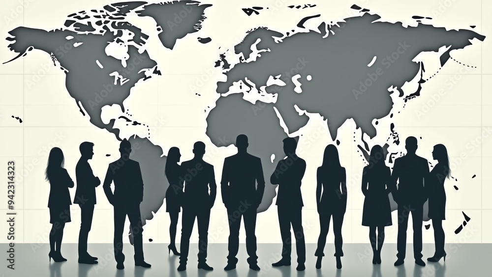 Silhouette of Individuals in Front of Stylized World Map