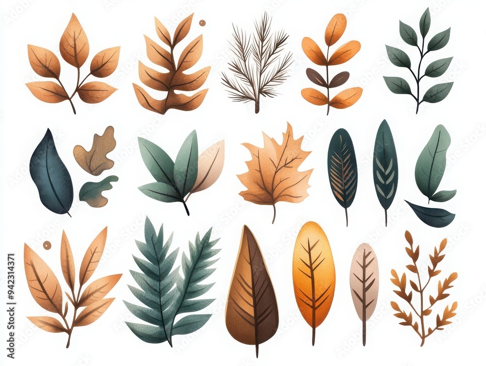 Fototapeta premium A collection of artistic leaves in various colors and styles, perfect for nature-themed designs and seasonal decor.