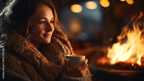 mug of hot chocolate or coffee by the Christmas fireplace. Woman relaxes by warm fire with a cup of hot drink. Winter, Christmas holidays concept