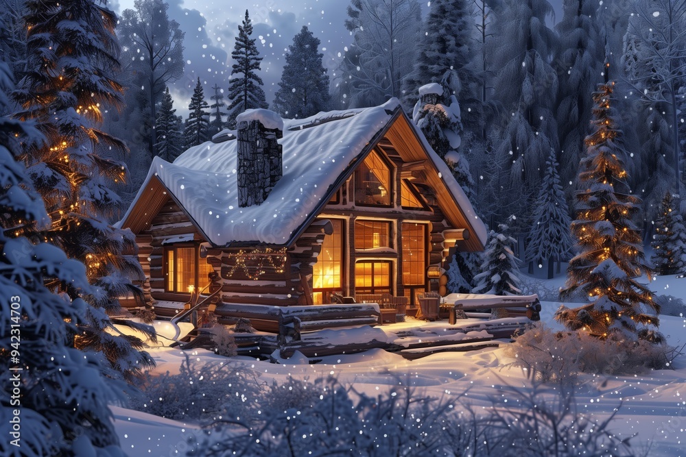 Fototapeta premium Experience the tranquility and mesmerizing charm of a Winter Wonderland Cabin Retreat, surrounded by a serene forest, snowy landscape, and a cozy fireplace, perfect for a peaceful escape