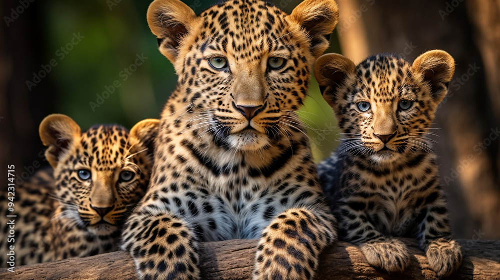 Naklejka premium leopard, cub, baby leopard, leopard family, wild leopard, close-up leopard, leopard resting